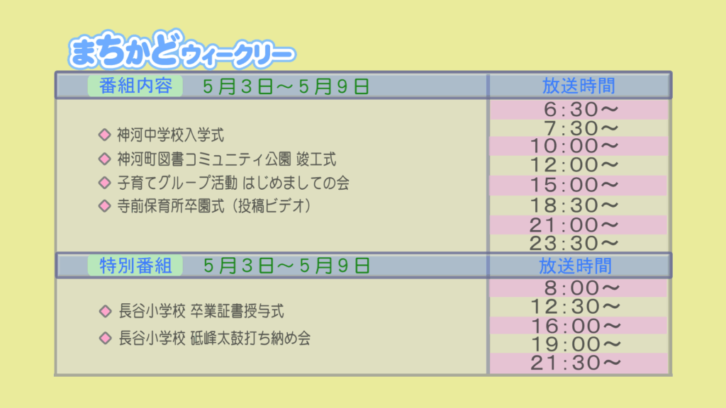 まちかどウィークリー番組内容
・神河中学校　入学式
・神河町図書コミュニティ公園　竣工式
・子育てグループ活動　はじめましての会
・(投稿ビデオ)寺前保育所　卒園式
特別番組
・長谷小学校　卒業証書授与式
・長谷小学校　砥峰太鼓打ち納め会