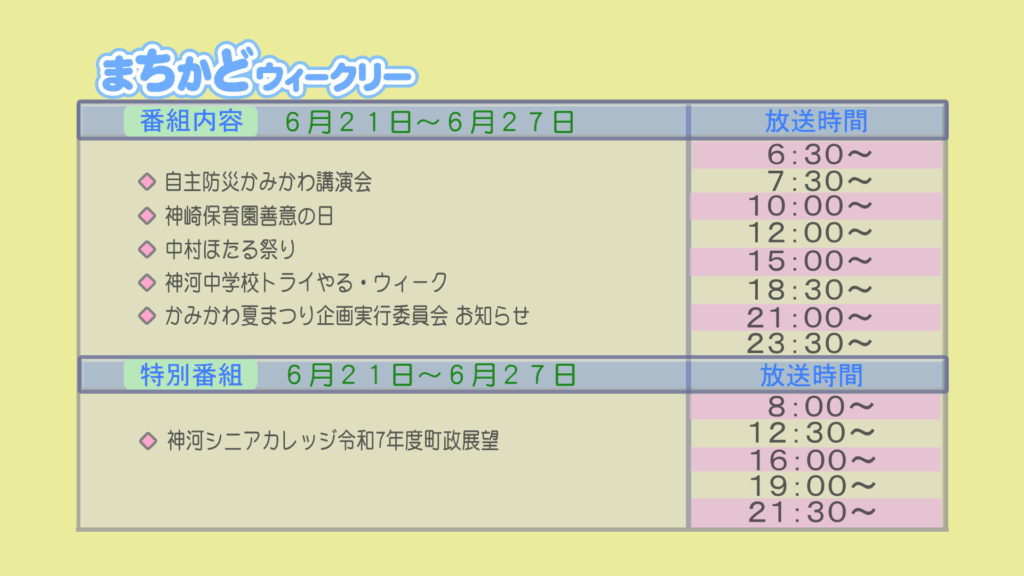 まちかどウィークリー番組内容
・自主防災かみかわ　講演会
・神崎保育園　善意の日
・中村　蛍祭り
・神河中学校　トライやる・ウィーク
・神河夏祭り企画実行委員会　お知らせ
特別番組
・神河シニアカレッジ　令和7年度町政展望