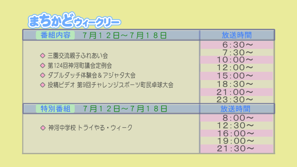 まちかどウィークリー番組内容
・三園交流　親子ふれあい会
・第124回　神河町議会定例会
・ダブルダッチ体験会&アジャタ大会
・投稿ビデオ　第9回チャレンジスポーツ　町民卓球大会
特別番組
・神河中学校　トライやる・ウィーク
