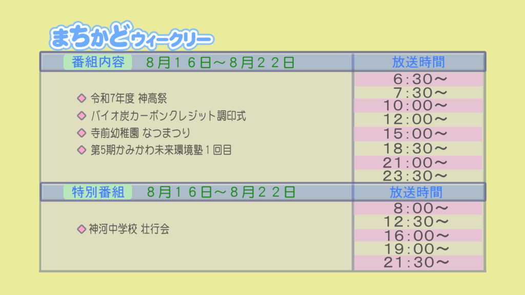 まちかどウィークリー番組内容
・令和7年度　神高祭(かんこうさい)
・バイオ炭カーボンクレジット　調印式
・寺前幼稚園　夏祭り
・第5期　神河未来環境塾1回目
特別番組
・神河中学校　壮行会