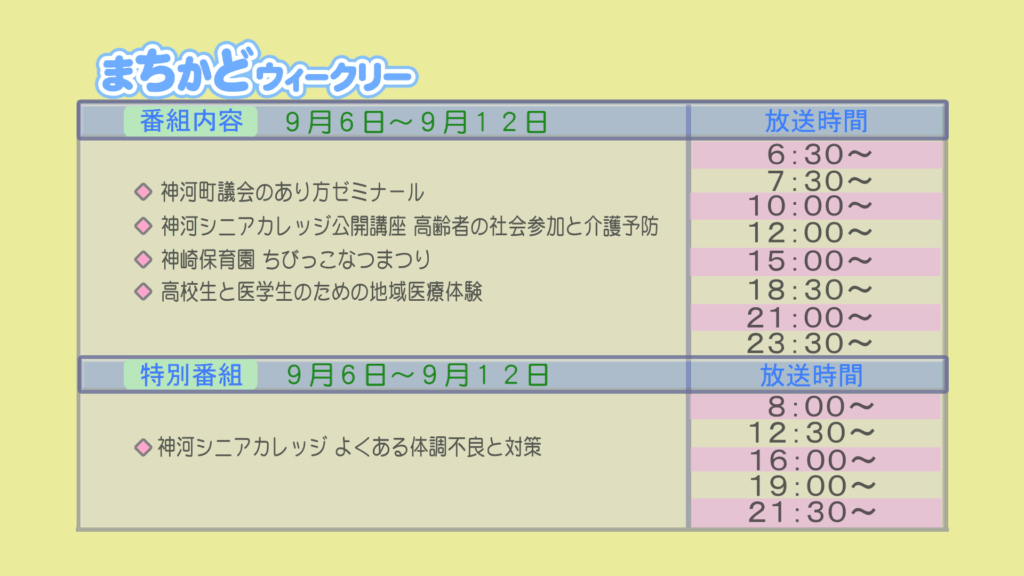 まちかどウィークリー番組内容
・神河町議会の在り方ゼミナール
・神河シニアカレッジ公開講座　高齢者の社会参加と介護予防
・神崎保育園　ちびっこ夏祭り
・高校生と医学生のための地域医療体験
特別番組
・神河シニアカレッジ　よくある体調不良と対策