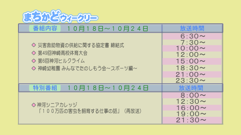 まちかどウィークリー番組内容
・災害救助物資の供給に関する協定書締結式
・第49回　神崎高校体育大会
・第6回　神河ヒルクライム
・神崎幼稚園　皆で楽しもう会　スポーツ編
特別番組
・再放送　神河シニアカレッジ　100万匹の害虫を飼育する仕事の話