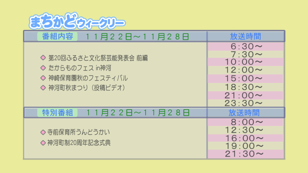 【まちかどウィークリー番組内容】
①第20回　ふるさと文化祭芸能発表会　前編
②たからものフェスin神河
③神崎保育園　秋のフェスティバル
④投稿ビデオ　神河町秋祭り
【特別番組】
①寺前保育所　運動会
②神河町政二十周年　記念式典