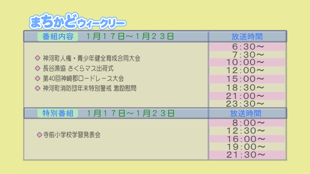 【まちかどウィークリー番組内容】
①神河町　人権・青少年健全育成合同大会
②長谷漁協　サクラマス出荷式
③第40回　神崎郡ロードレース大会
④神河町消防団　年末特別警戒　激励訪問
【特別番組】
①寺前小学校　学習発表会