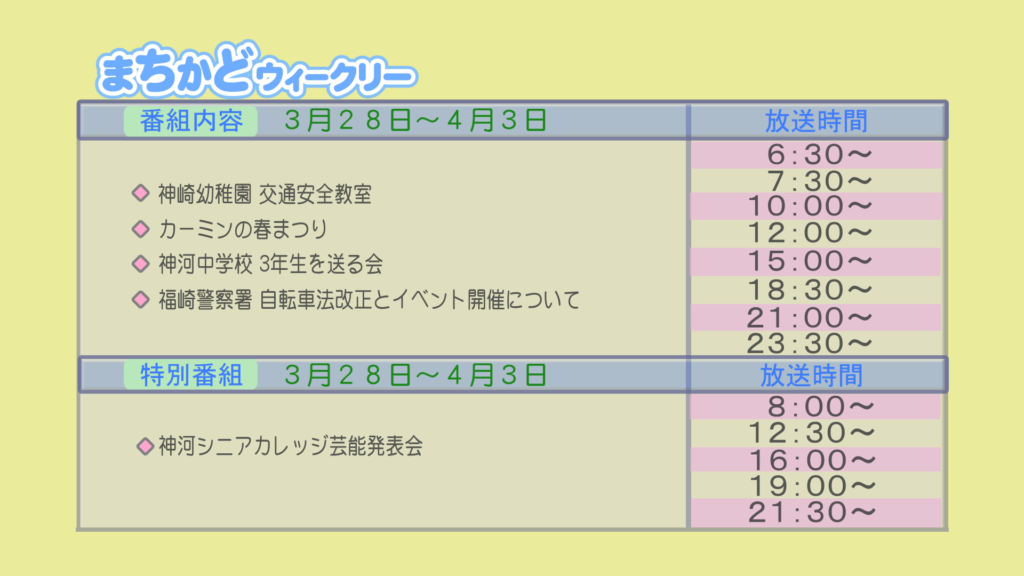 【まちかどウィークリー番組内容】
①神崎幼稚園　交通安全教室
②カーミンの春祭り
③神河中学校　3年生を送る会
④福崎警察署　自転車法改正とイベント開催について
【特別番組】
①神河シニアカレッジ芸能発表会