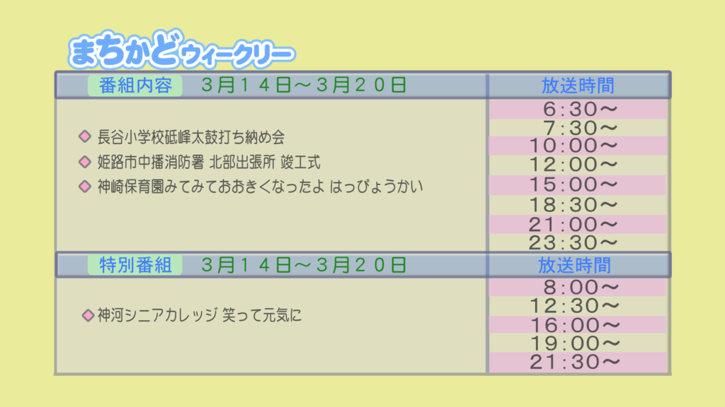 【まちかどウィークリー番組内容】
①長谷小学校　砥峰太鼓打ち納め会
②姫路市中播消防署　北部出張所　竣工式
③神崎保育園　みてみて大きくなったよ発表会
【特別番組】
①神河シニアカレッジ　笑って元気に