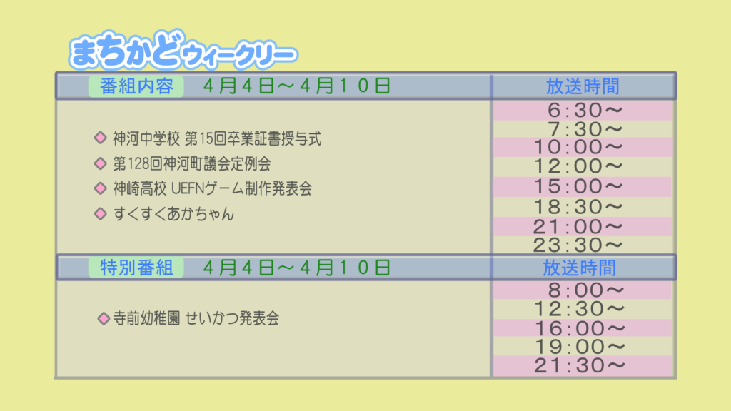 【まちかどウィークリー番組内容】
①神河中学校　第15回卒業証書授与式
②第128回　神河町議会定例会
③神崎高校　UEFNゲーム制作発表会
④すくすく赤ちゃん
【特別番組】
①寺前幼稚園　生活発表会