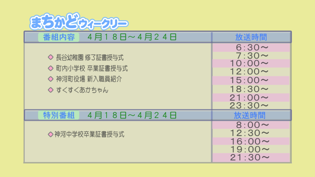 【まちかどウィークリー番組内容】
①長谷幼稚園　修了証書授与式
②町内小学校　卒業証書授与式
③神河町役場　新入社員紹介
④すくすく赤ちゃん
【特別番組】
①神河中学校　卒業証書授与式
