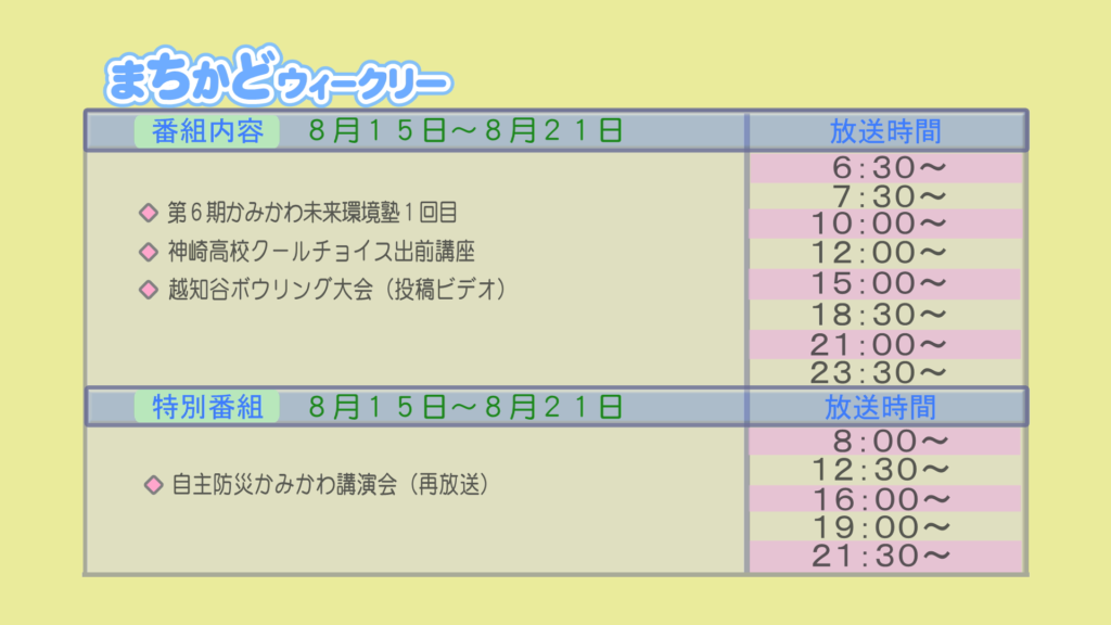 【まちかどウィークリー番組内容】
①第6期　かみかわ未来環境塾1回目
②神崎高校　クールチョイス出前講座
③投稿ビデオ　越知谷ボウリング大会
【特別番組】
①再放送　自主防災かみかわ講演会