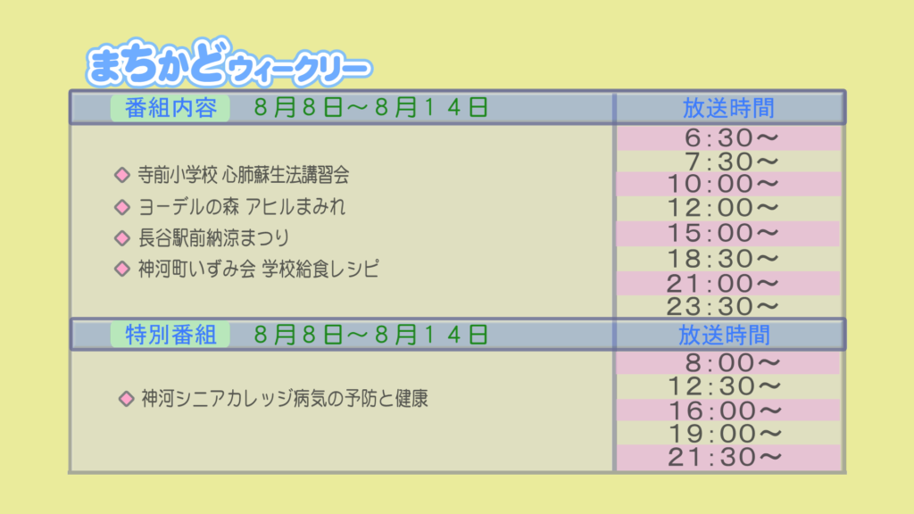 【まちかどウィークリー番組内容】
①寺前小学校　心肺蘇生法講習会
②ヨーデルの森　アヒルまみれ
③長谷駅前　納涼祭り
④神河町いずみ会　学校給食レシピ
【特別番組】
①神河シニアカレッジ　病気の予防と健康