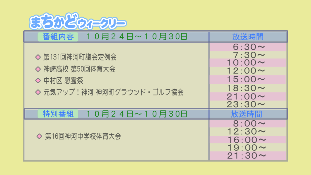 【まちかどウィークリー番組内容】
①第131回　神河町議会定例会
②神崎高校　第50回体育大会
③中村区　慰霊祭
④元気アップ！神河　神河町グラウンド・ゴルフ協会
【特別番組】
①第16回　神河中学校体育大会